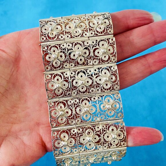 Vintage Wide Filigree Silver Bracelet Intricate Tile Design 1 3/4" W 7" L - Picture 7 of 9